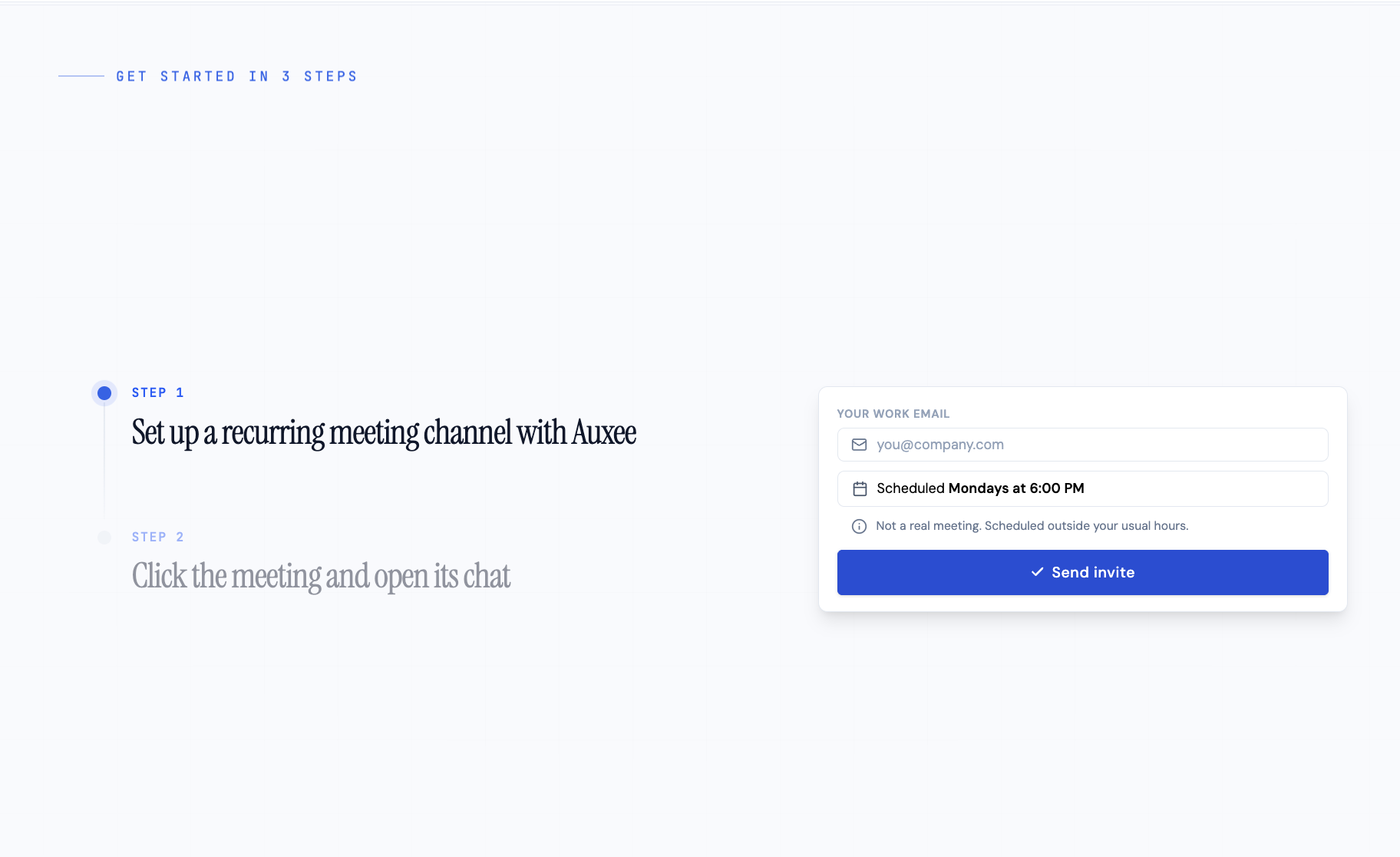 The three-step onboarding on the Auxee landing page