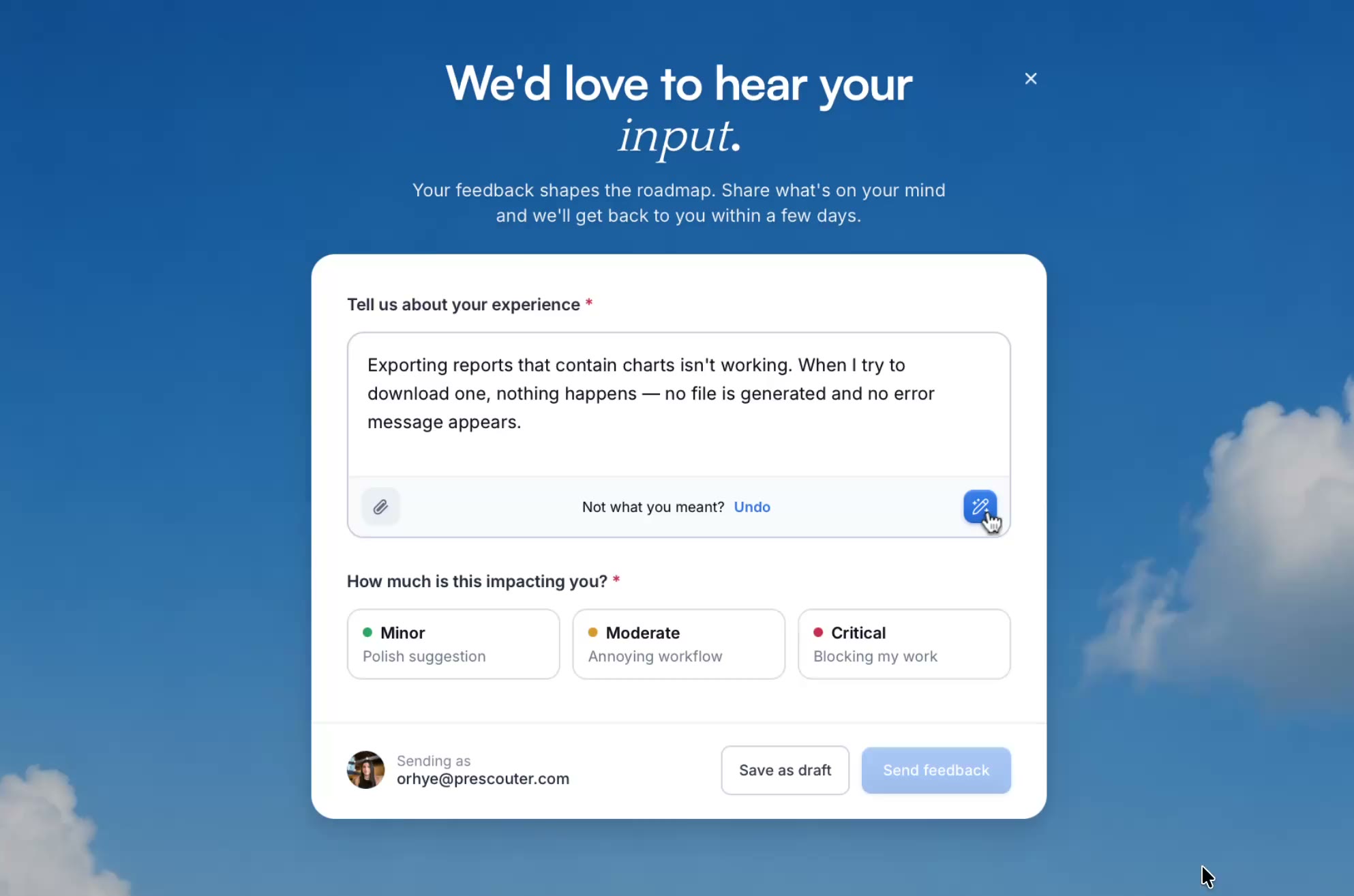 Feedback form: supporting documents and severity