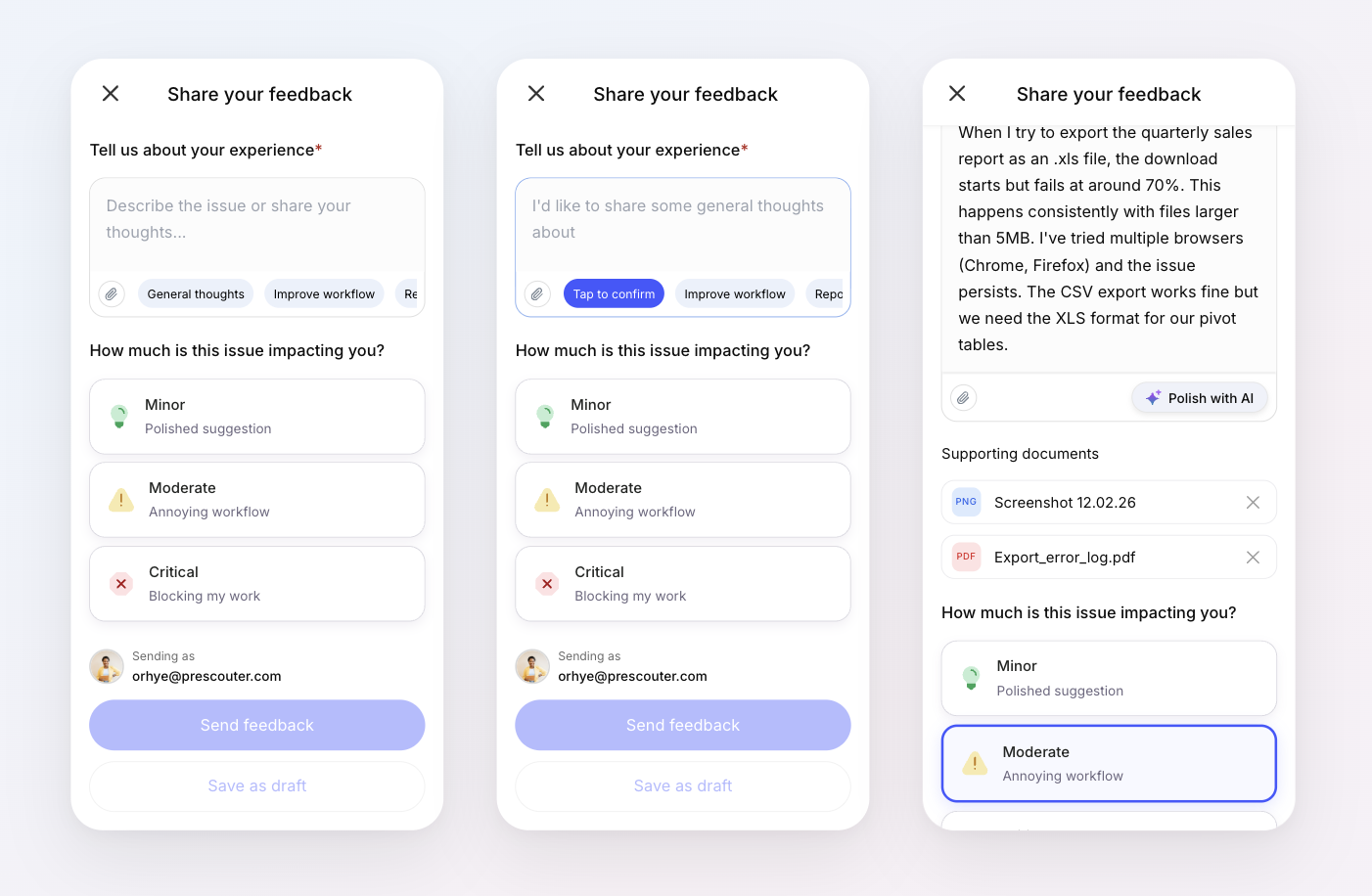 Mobile adaptation of the feedback form showing three screens