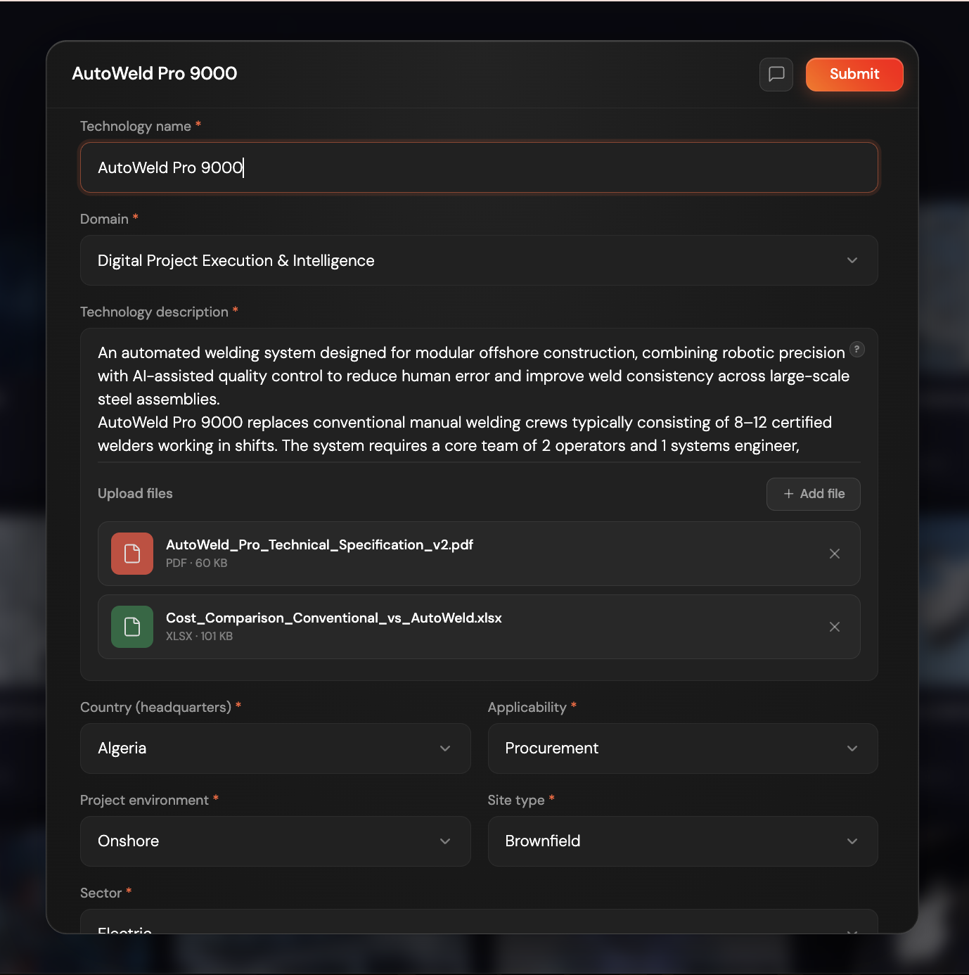 User filling required fields in the submission form