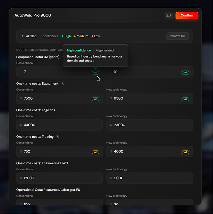 AI-filled fields with colour-coded confidence indicators