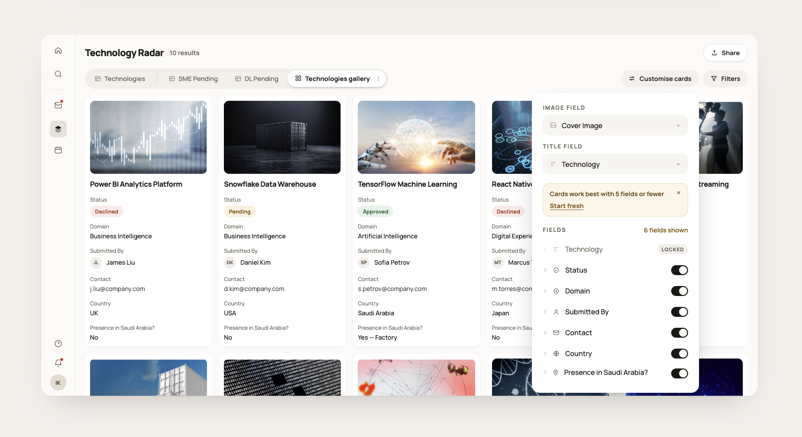 Customise cards panel with field selection options